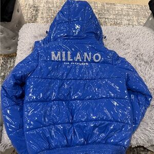 Milano Shiny Blue Puffer Jacket with Branded Straps